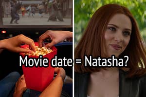 Two hands share a bucket of popcorn and a close up of Natasha Romanoff as she smiles