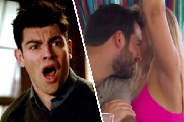 A close up of Schmidt looking grossed out and a man smells a woman's armpit