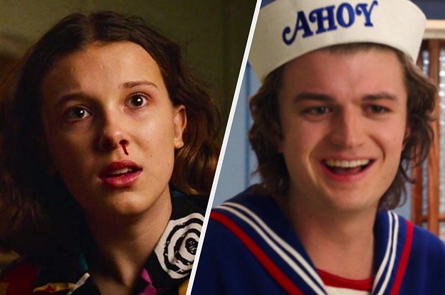 A close up of Eleven with a nose bleed and Steve Harrington in a sailor uniform