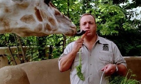 Kevin James eating a carrot near a giraffe.