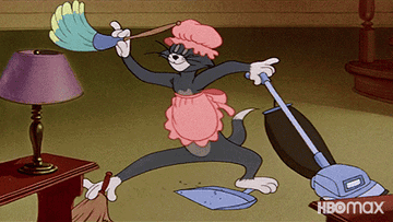 Tom from Tom and Jerry cleaning with different dusters and vacuums