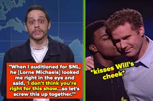 Left: Pete Davidson widens his eyes Right: Tracy Morgan kisses Will Ferrell's cheek