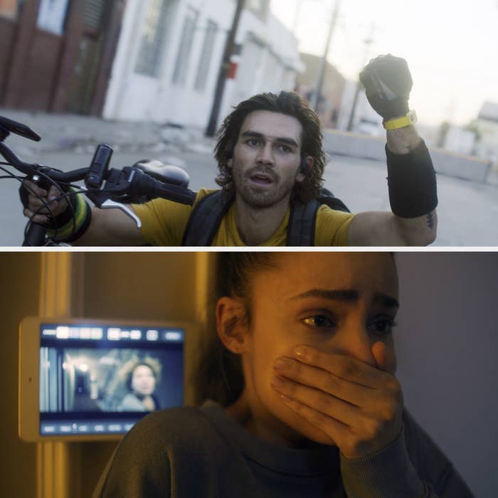 a character riding a motorcycle and a character covering her mouth in shock and fear