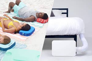 On the left is three people laying on the beach with beach pillows and on the right is a bed cooling fan