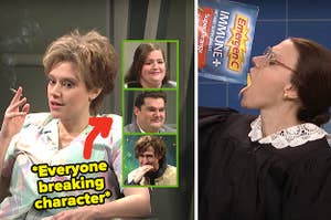 Left: Kate McKinnon as Ms. Rafferty smokes a cigarette in "Saturday Night Live" Right: Kate McKinnon as Ruth Bader Ginsburg drinks Emergen-C in "Saturday Night Live"