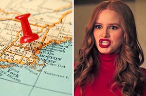 On the left, a map with a pin in Boston, and on the right, Cheryl from Riverdale