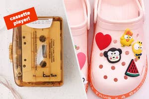 a cassette player and a pair of crocs with charms in them