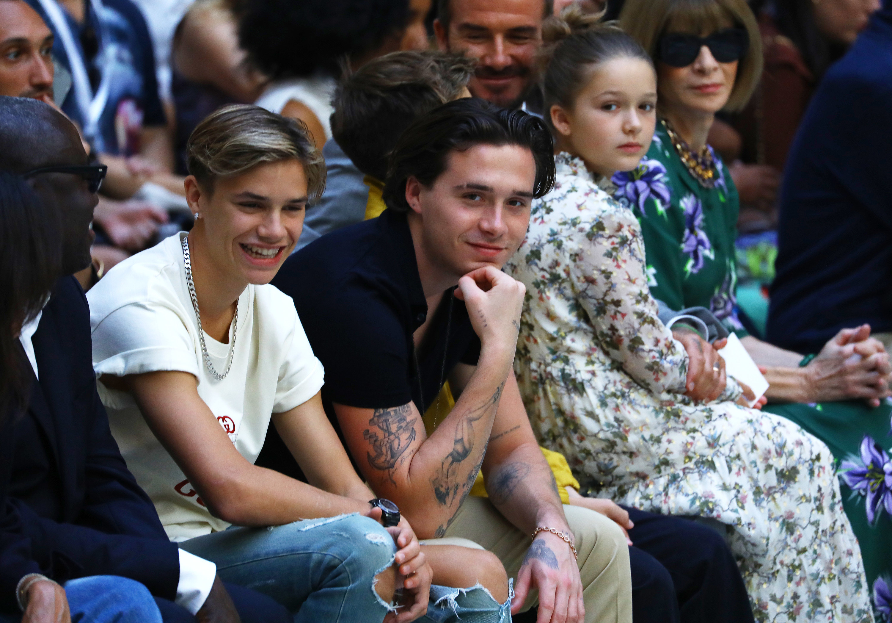 Romeo Beckham, Brooklyn Beckham, Cruz Beckham, Harper Seven Beckham and Anna Wintour