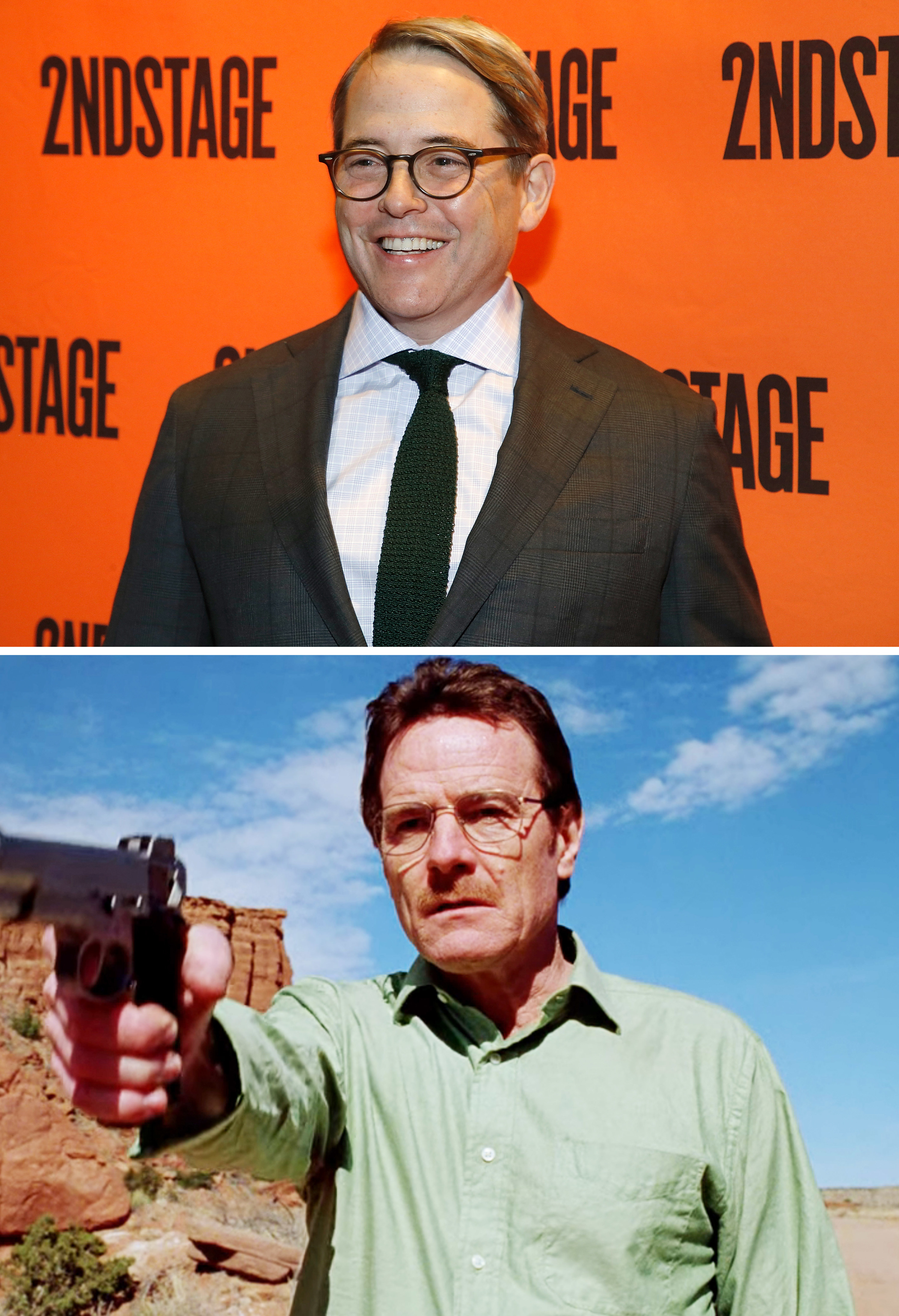 A close-up of Matthew Broderick above a shot of Bryan Cranston as Walter White
