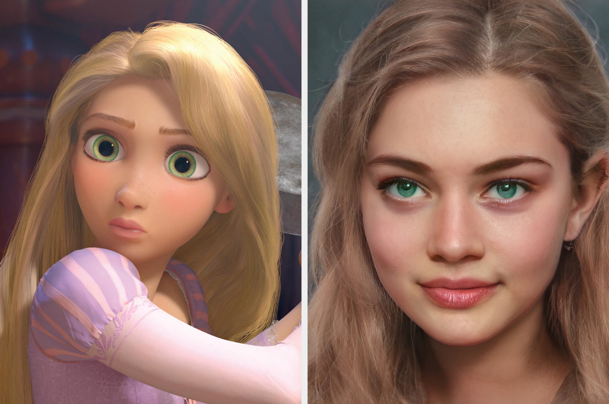 Side-by-side of animated and AI Rapunzel