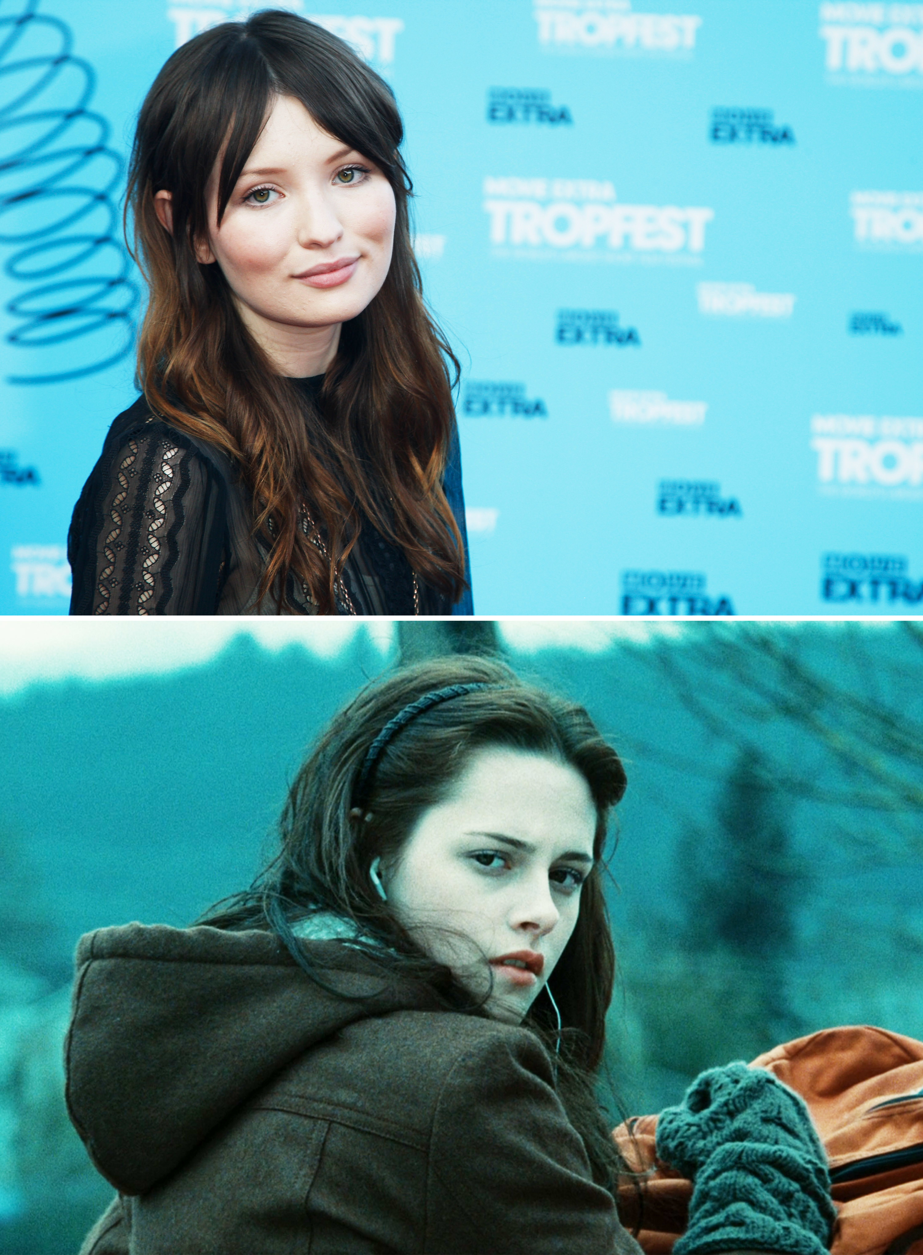 A close-up of Emily Browning above a shot of Kristen Stewart as Bella in Twilight