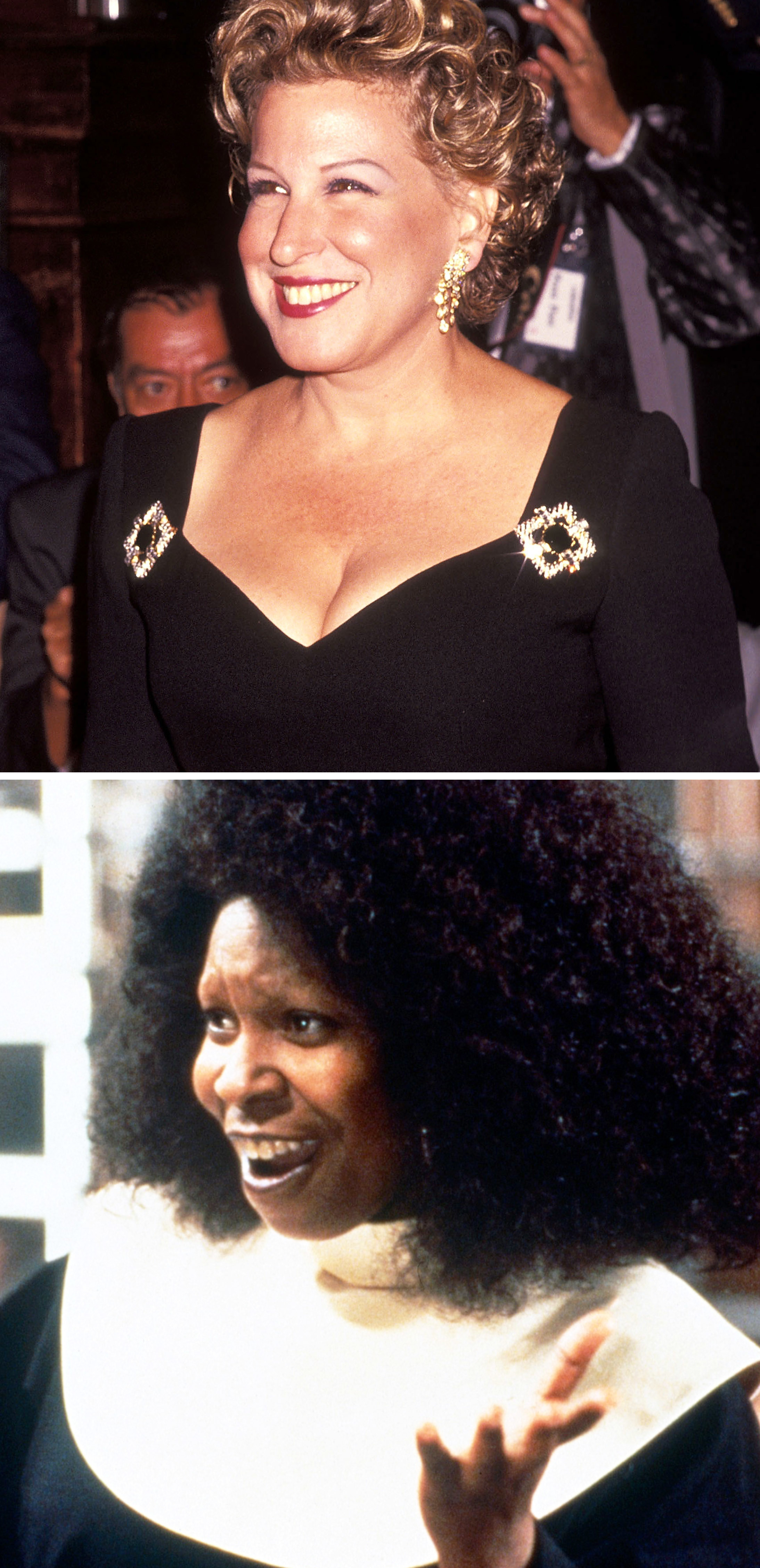 A close-up of Bette Midler above a shot of Whoopi in Sister Act