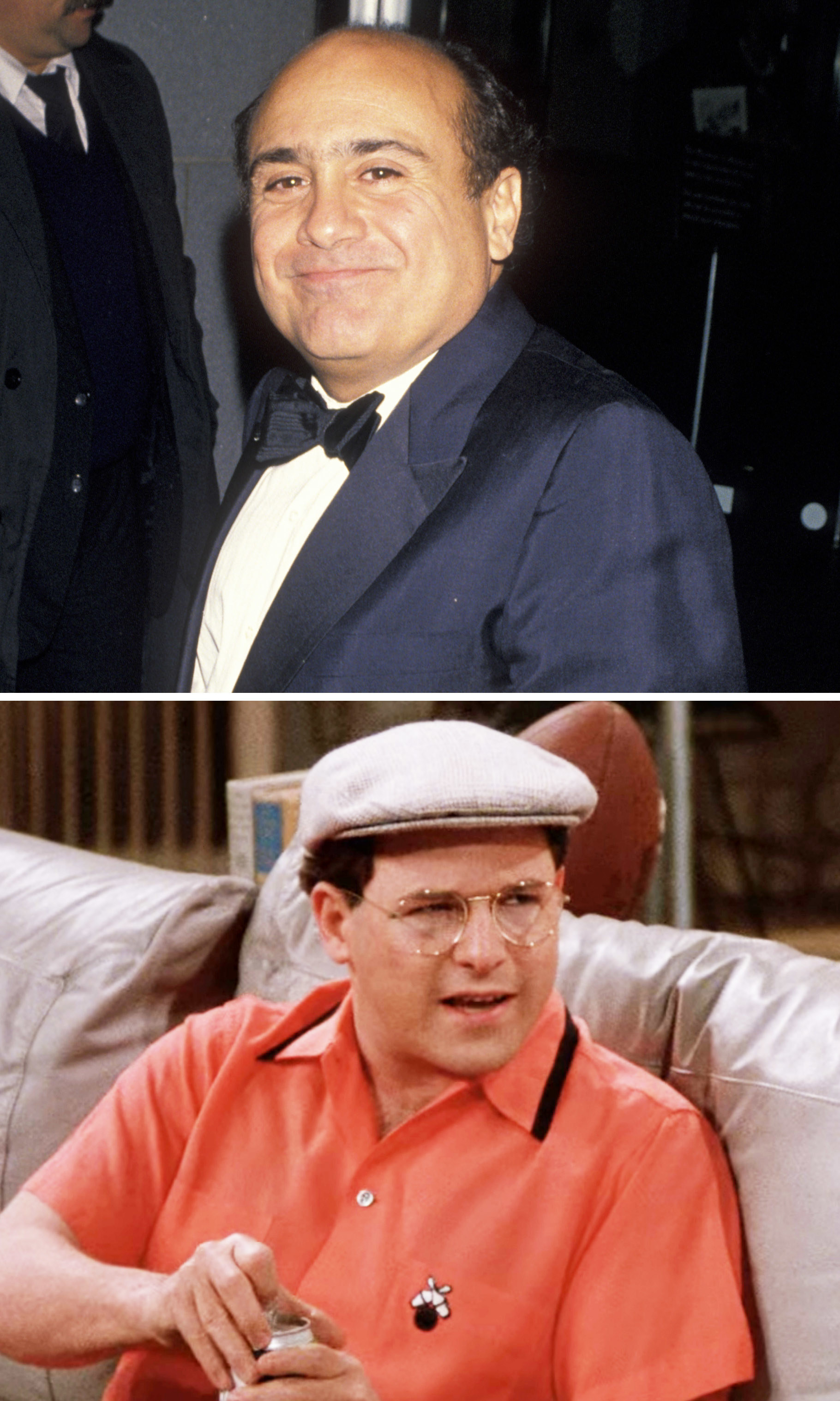 A close-up of Danny DeVito above a shot of Jason Alexander in Seinfeld