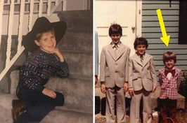 a kid in a cowboy hat and a kid in a snazzy suit