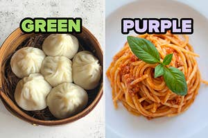 On the left, some dumplings in a basket labeled green, and on the right, some spaghetti bolognese labeled purple