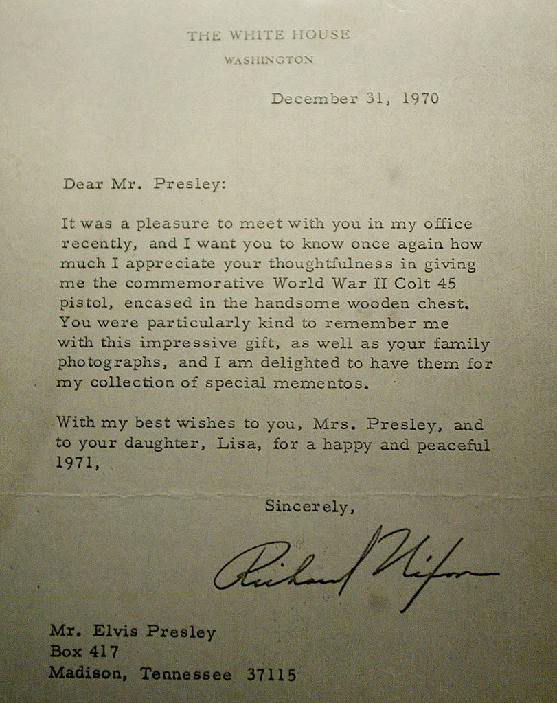 A letter to Elvis that thanks him for his thoughtful gift of a Colt 45 handgun; the letter is signed by Richard Nixon