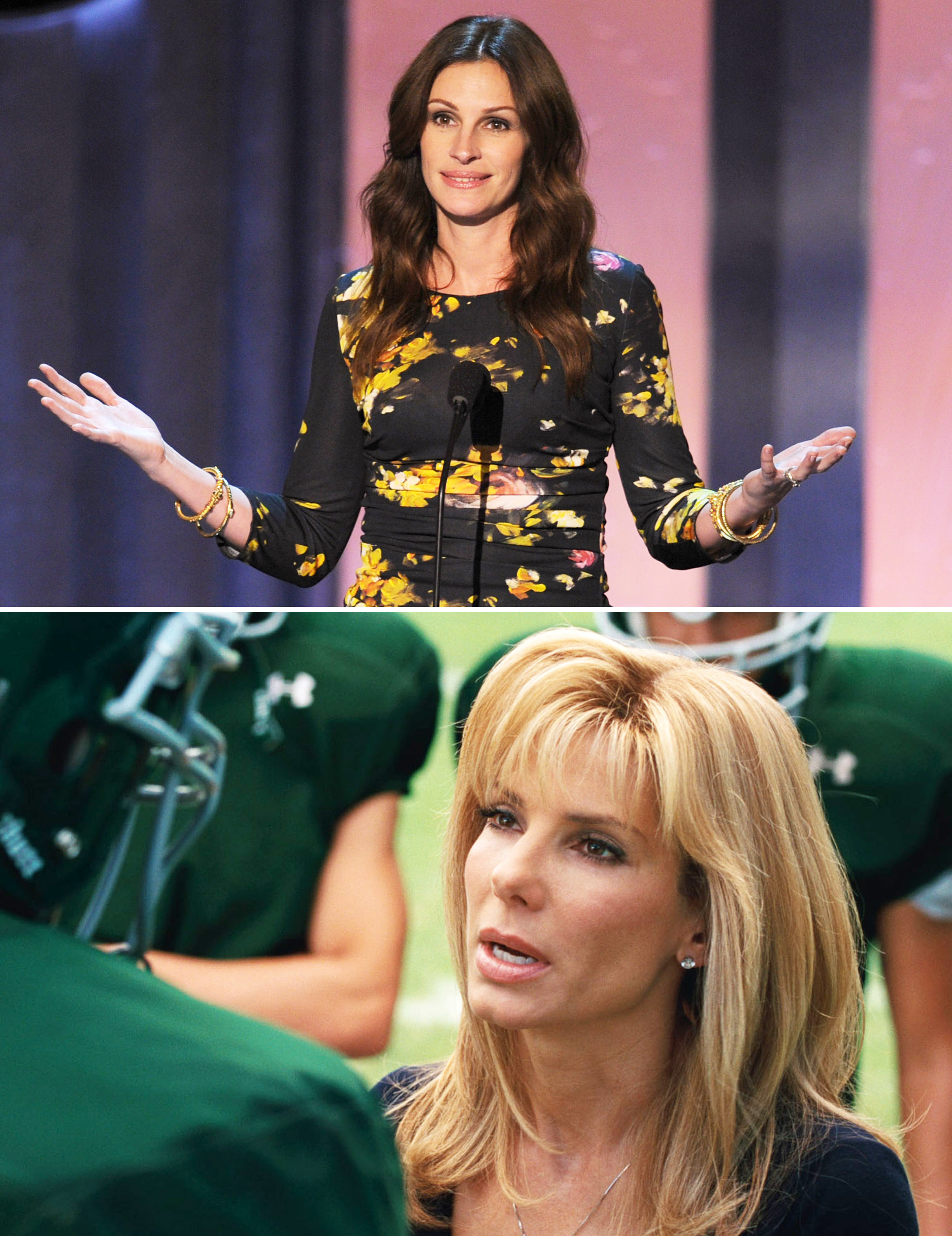 A close-up of Julia Roberts above a shot of Sandra Bullock in The Blind Side