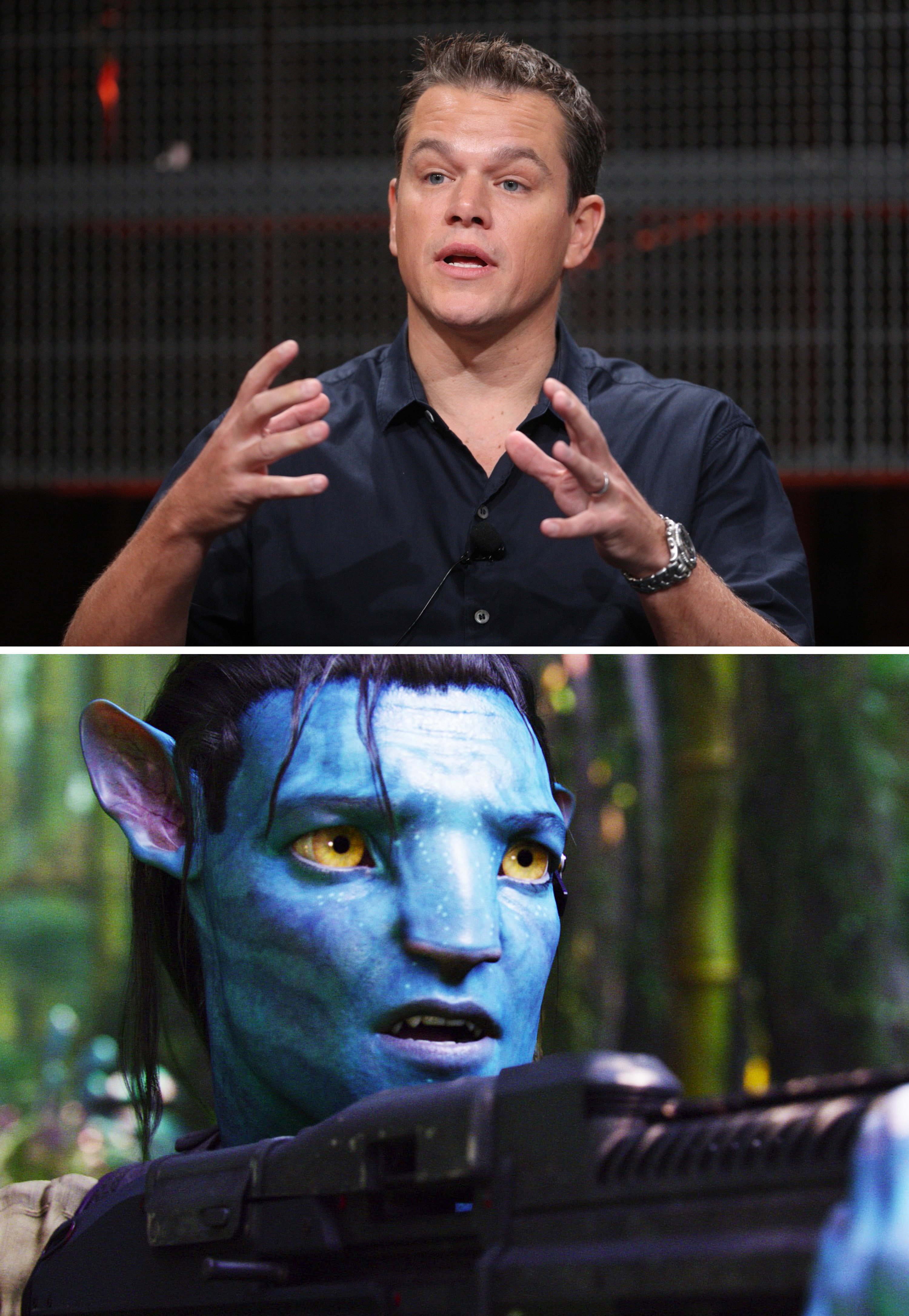 A close-up of Matt Damon above a shot of Sam Worthington as Jake Sully in Avatar