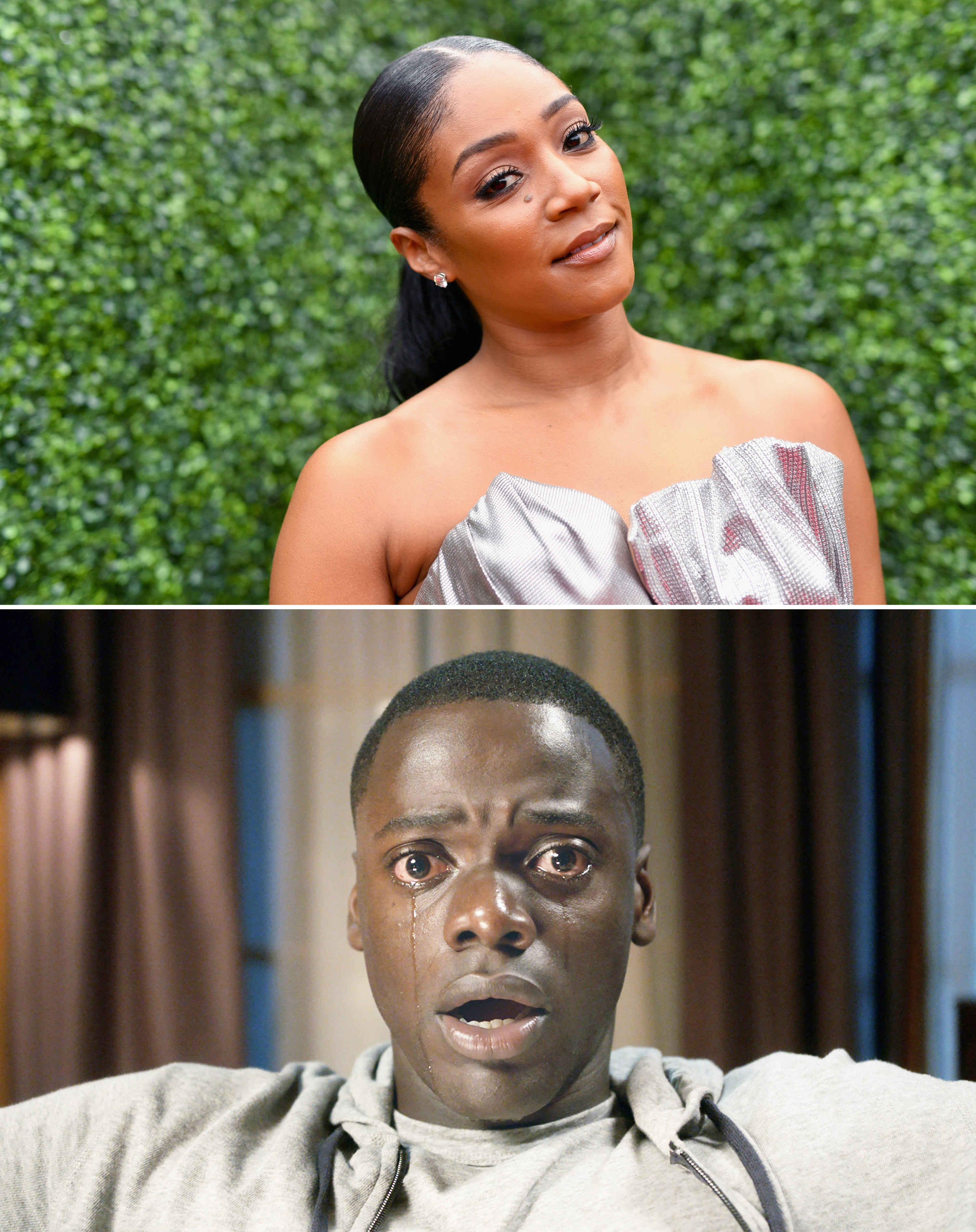 A close-up of Tiffany Haddish above a shot of Daniel Kaluuya in Get Out