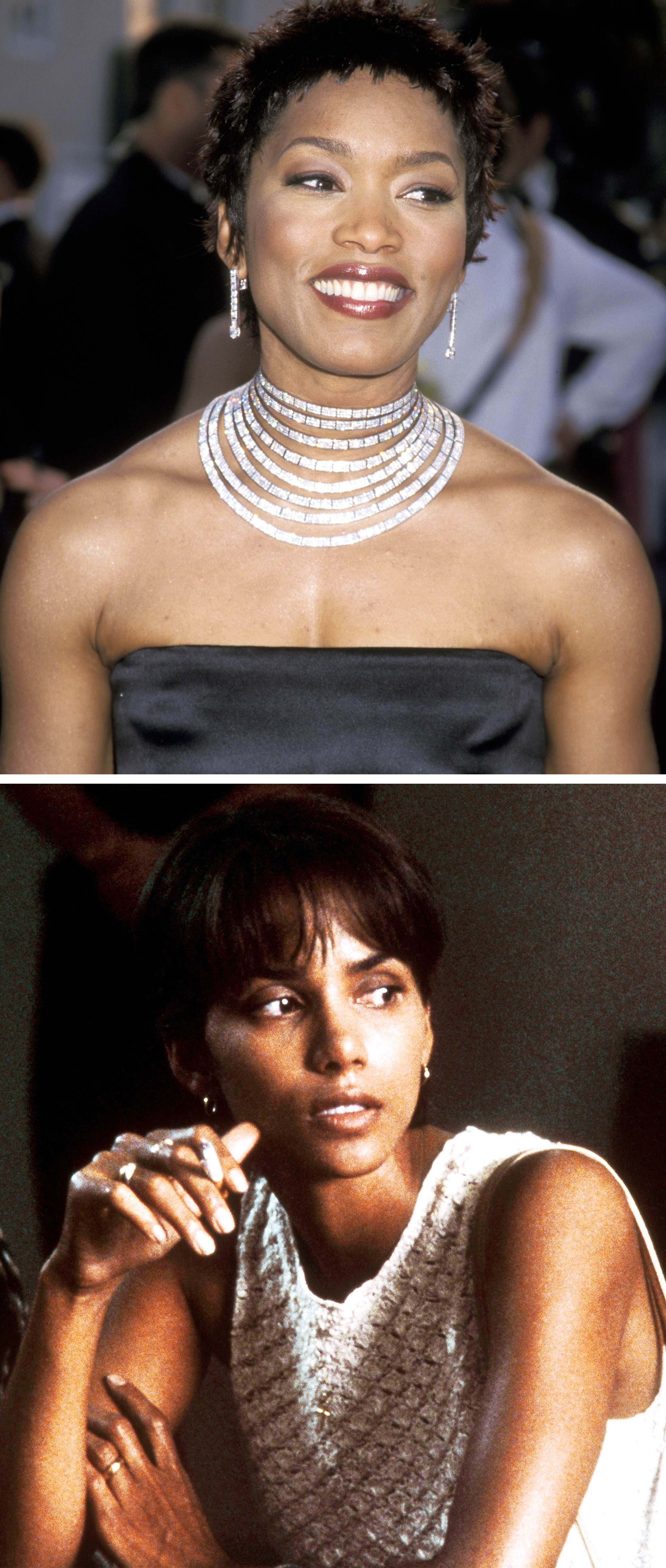 A close-up of Angela Bassett above a shot of Halle Berry in Monster&#x27;s Ball