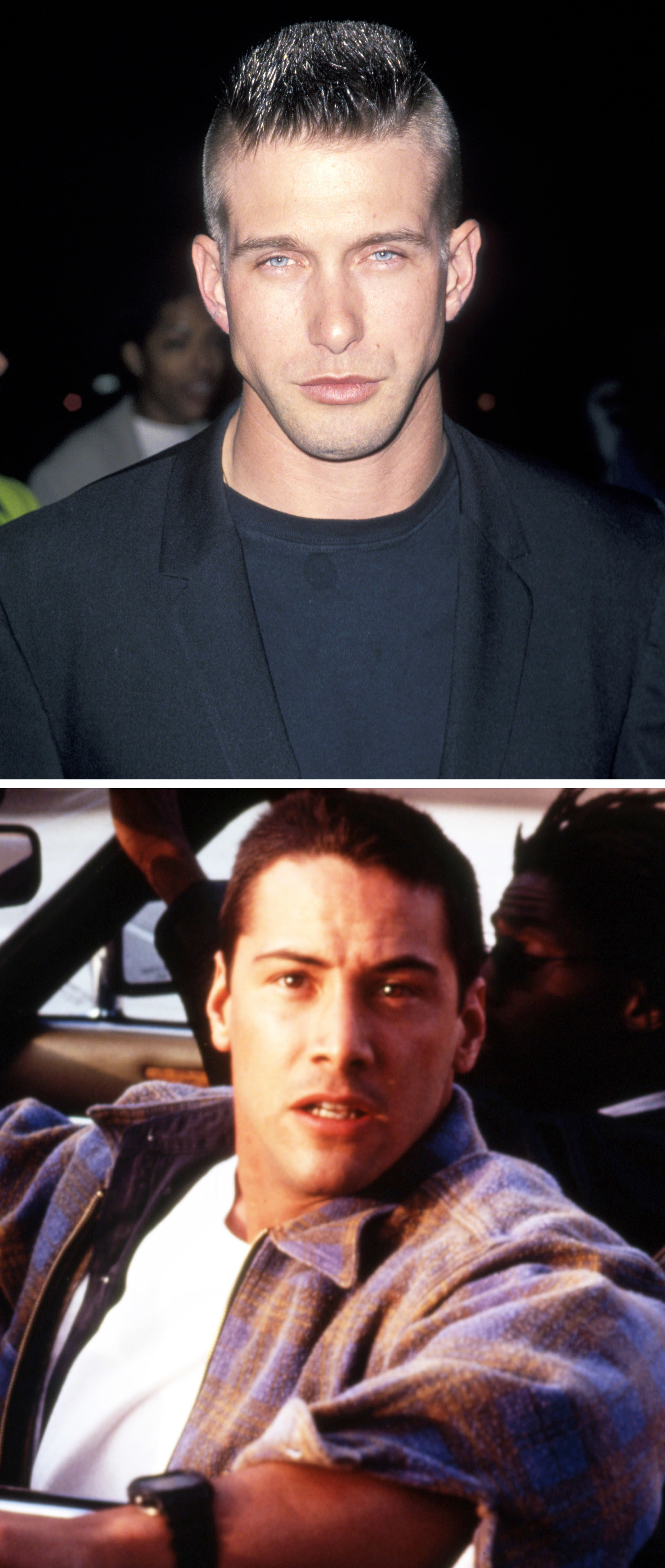 A close-up of Stephen Baldwin above a shot of Keanu in Speed