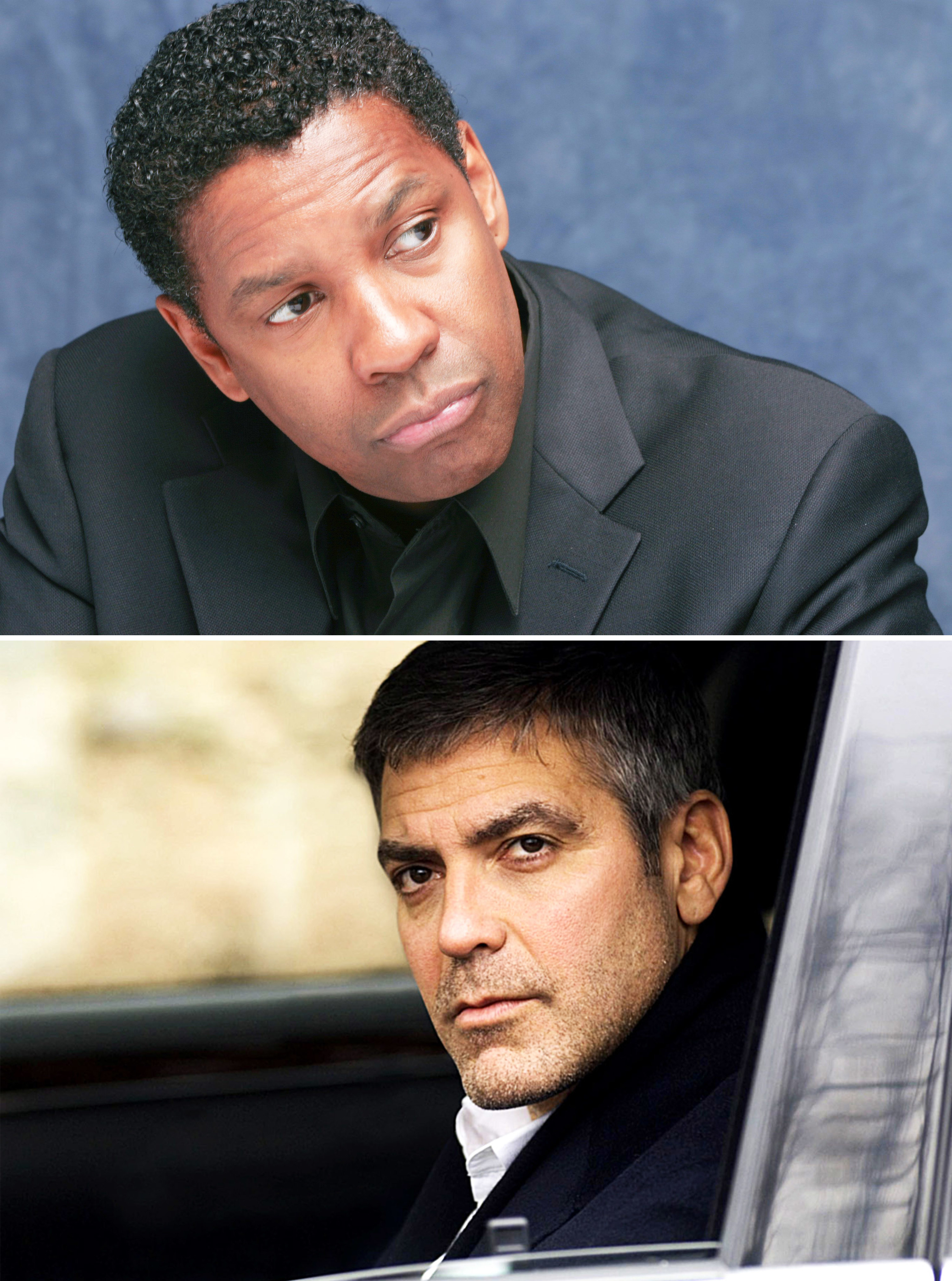 A close-up of Denzel above a shot of George Clooney in Michael Clayton