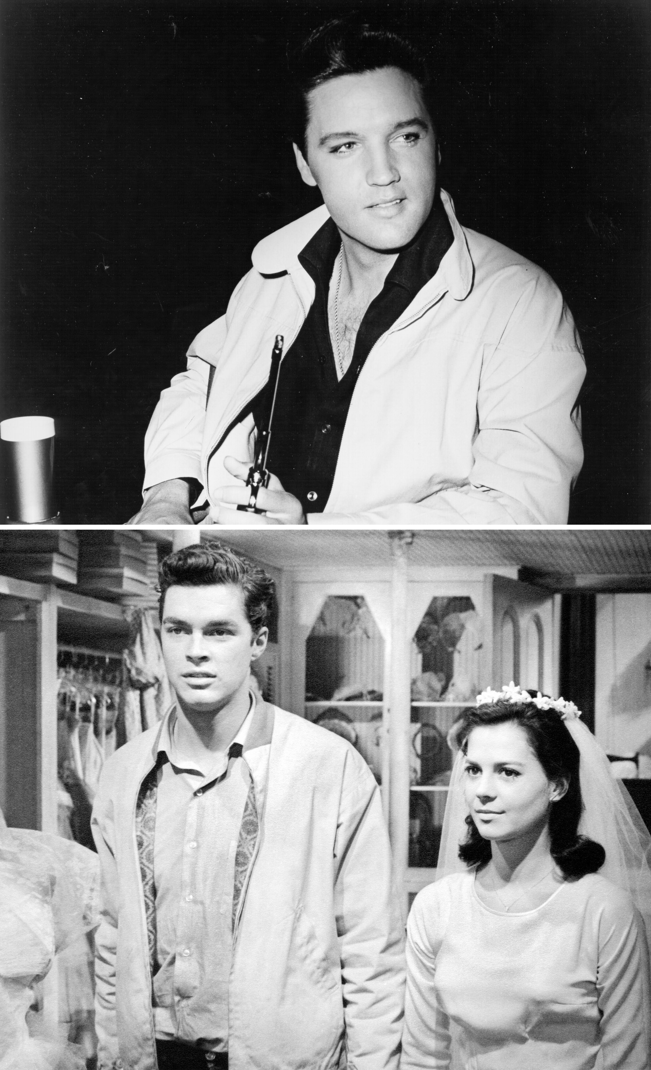 A close-up of Elvis above a shot of Richard Beymer and Natalie Wood in the movie