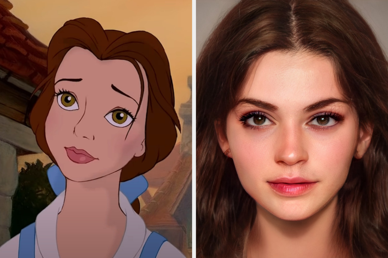 Side-by-side of animated Belle and AI Belle
