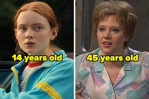 On the left, Max from Stranger Things labeled 14 years old, and on the right, Kate McKinnon as Miss Rafferty on SNL labeled 45 years old