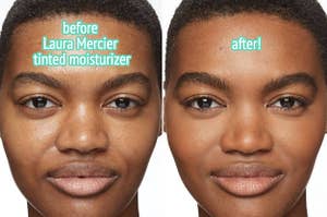 model's face "before Laura Mercier tinted moisturizer", and "after!"
