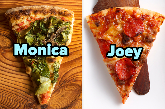 On the left, a veggie pizza slice labeled Monica, and on the right, a pizza slice with pepperoni and sausage labeled Joey