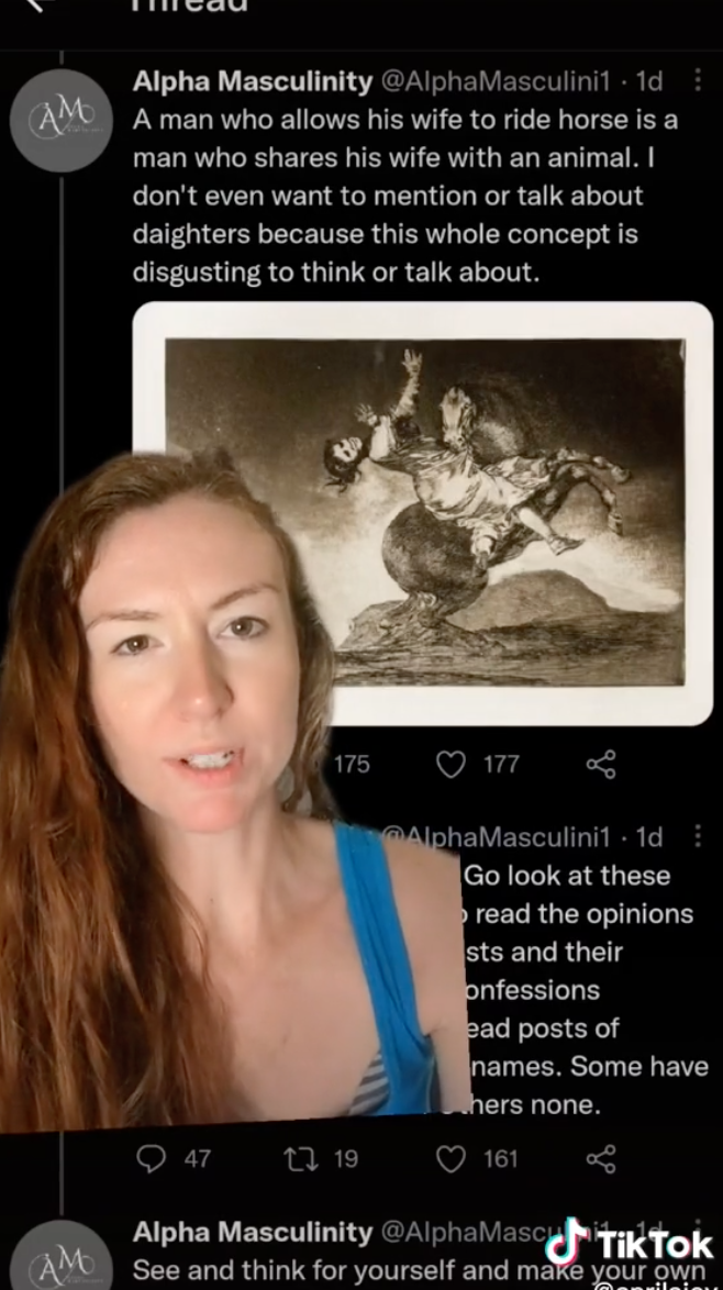 April talking in her TikTok with an illustration of a woman riding a horse