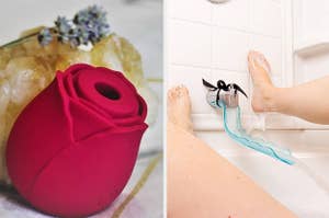 Red rose suction vibrator and model with legs open underneath bath spout