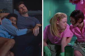 on the left, a still from my fake boyfriend – andrew and nico cuddling, on the right, a still from but i'm a cheerleader – megan and graham making eyes at each other