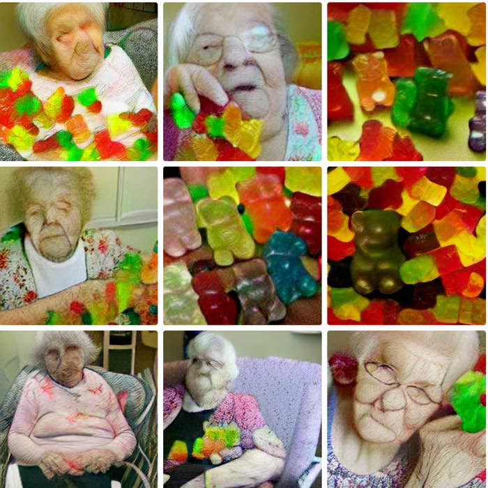 AI generated photos of grandmas being swarmed by gummy bears