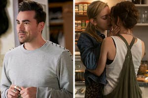 Left: David Rose from Schitt's Creek; Right: Dani and Jamie from The Haunting Of Bly Manor kissing