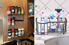 Spices placed on spice clips on cabinet door/toothpaste and toothbrushes placed on sink organizer