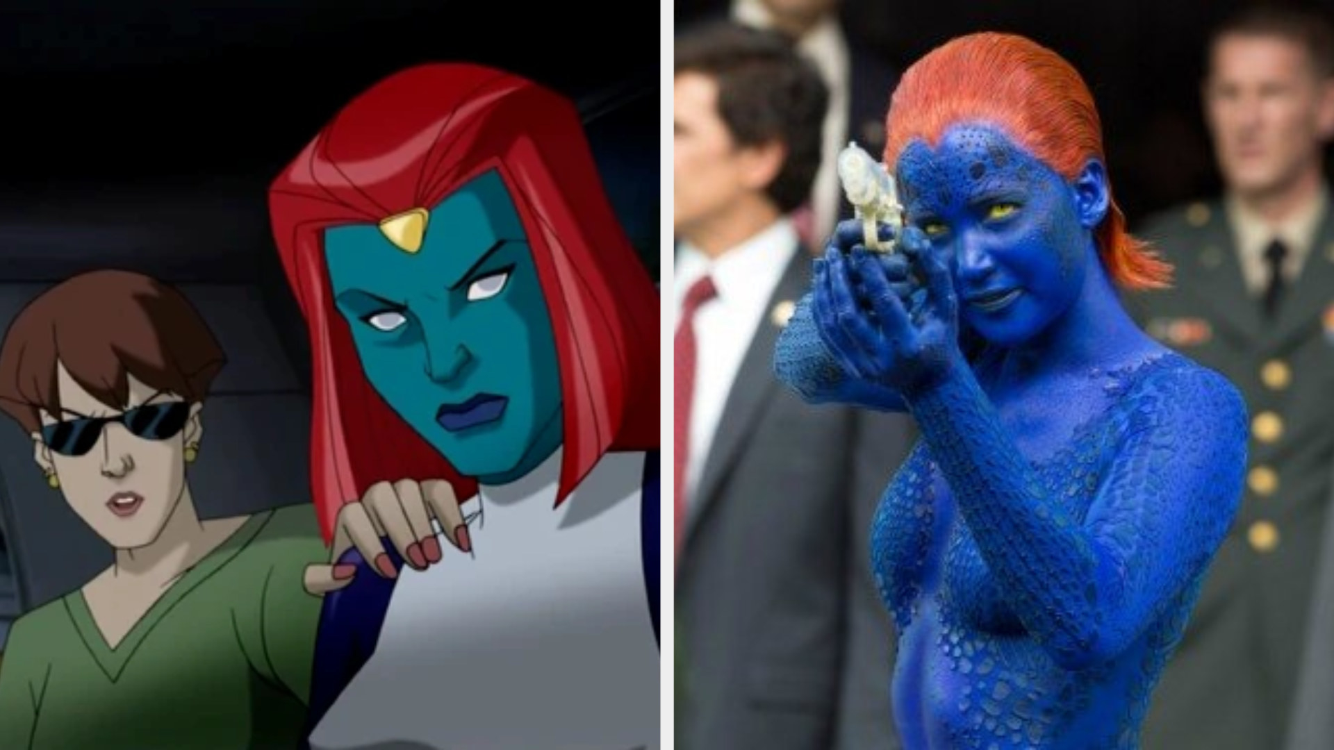 Side-by-side of animated Mystique and live-action Mystique