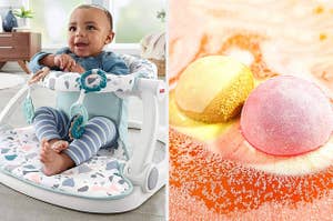 A baby seat and bath bombs