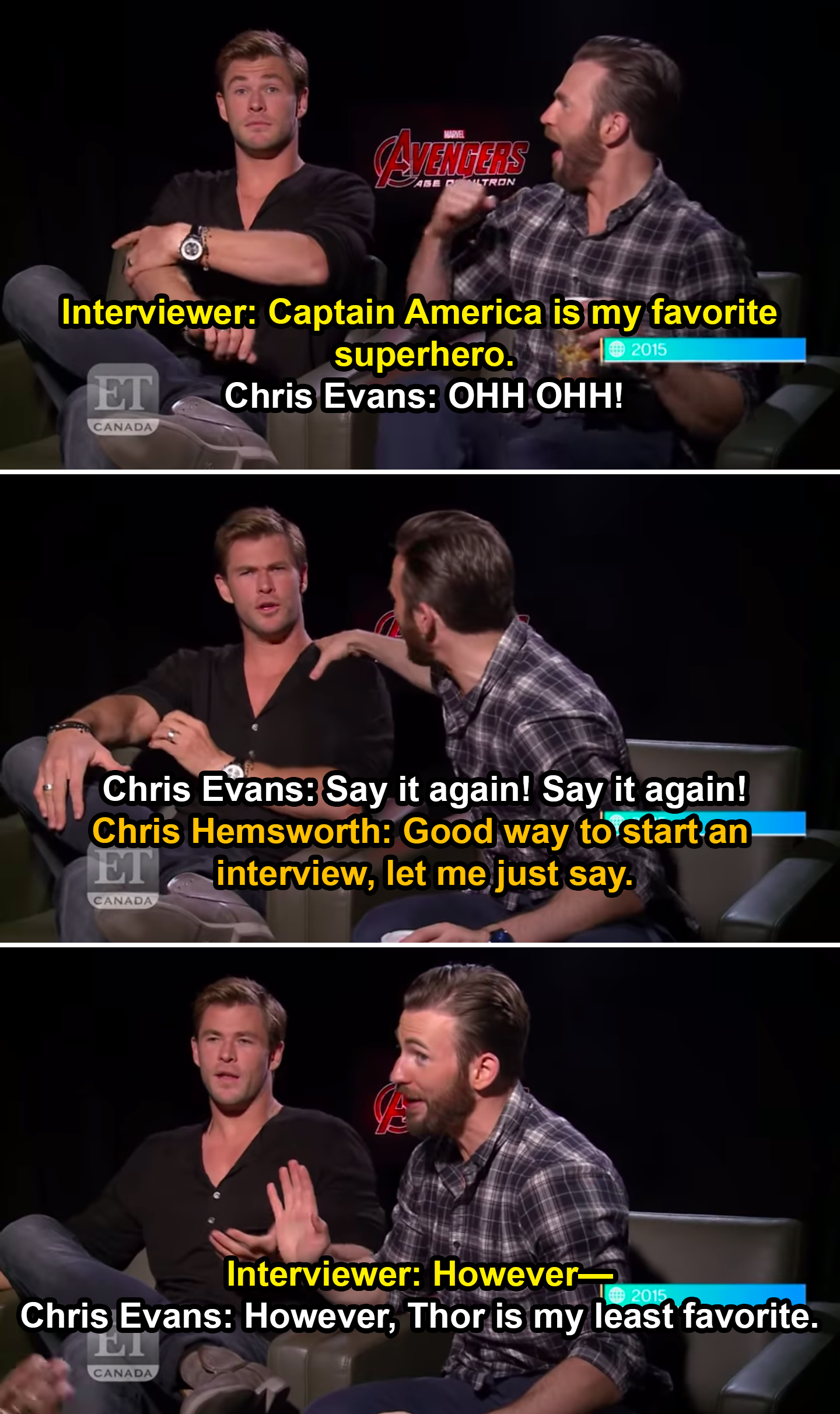 Chris Evans cheering at Chris Hemsworth when the interviewer says Captain America is their favorite superhero