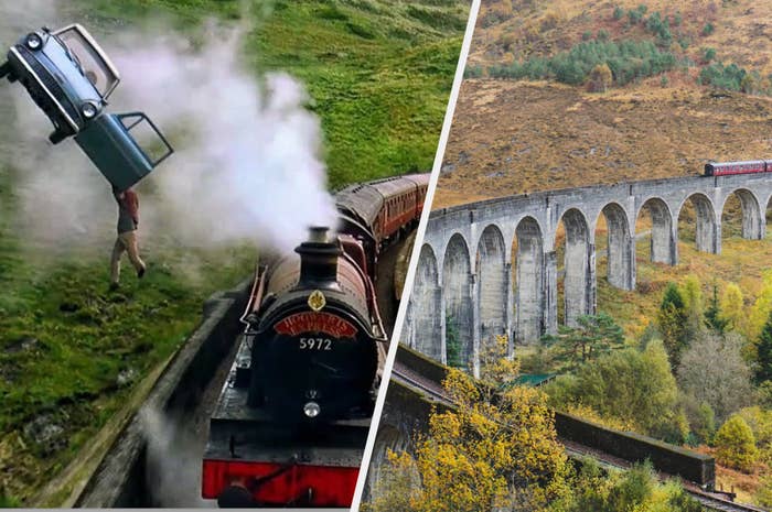 An image of the Hogwarts Express in Harry potter next to an image of the Glenfinnan Viaduct that was used to film it