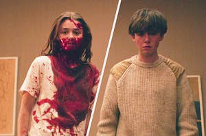 Alissa, covered in blood, stands next to James, who holds a knife