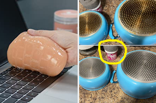 on left, pink cleaning putty scooping up dust from laptop keyboard. on right, The Pink Stuff Multipurpose Paste container next to blue pans with rusty bottoms (top) and same pans with shiny bottoms (bottom)