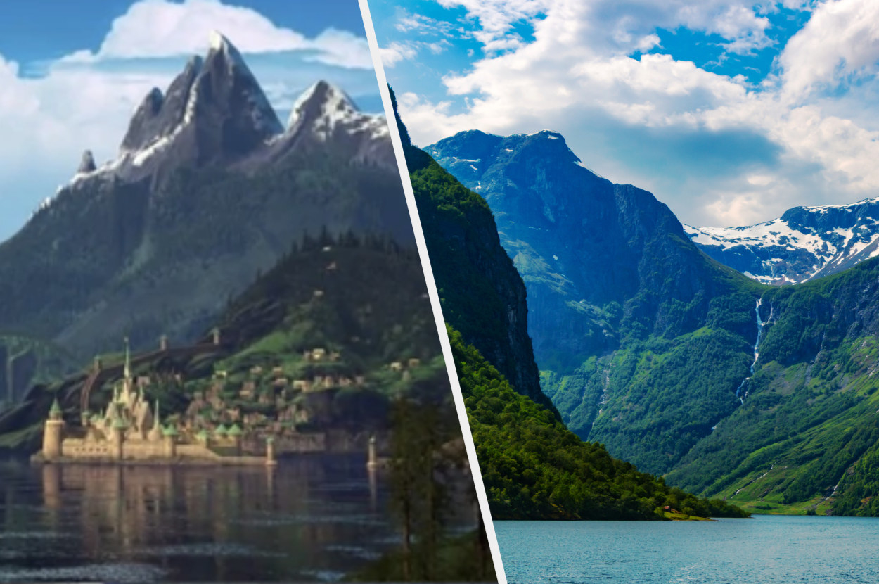 The Arendelle castle in &quot;Frozen&quot; next to an image of the mountains of Nærøyfjord