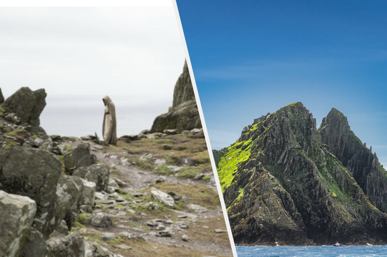 An image of Mark Hamill as Luke Skywalker standing on a cliff next to an image of the Skellig Michael rocks