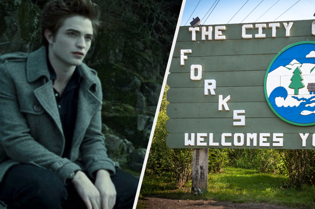 An image of Robert Pattinson as Edward Cullen in &quot;Twilight&quot; next to an image of the welcome to Forks sign