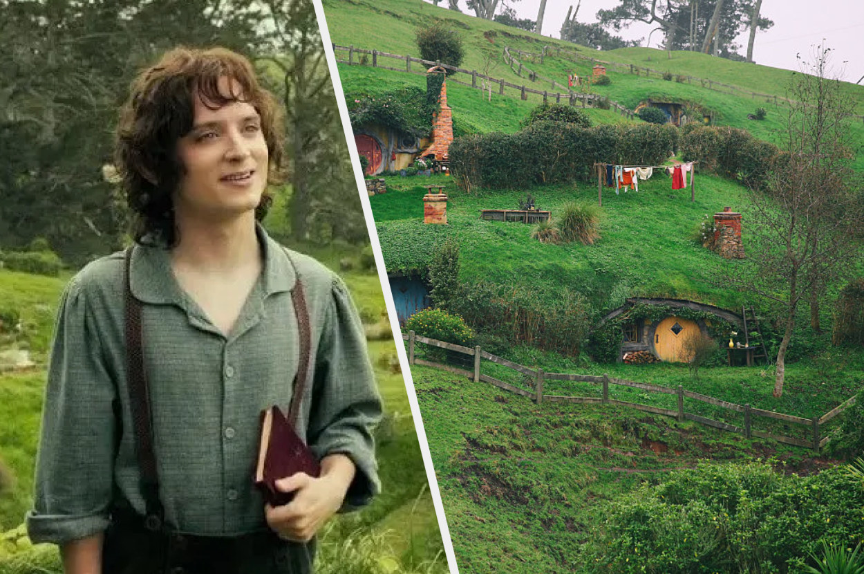 An image of Elijah Wood as Frodo in &quot;The Lord of the Rings&quot; next to an image of the location it was filmed in