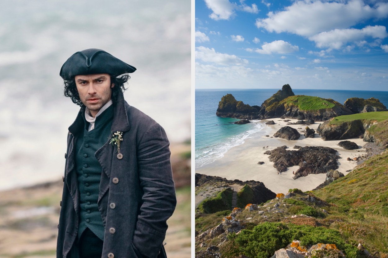 An image of Aidan Turner as Poldark next to an image of the Cornwall coastline