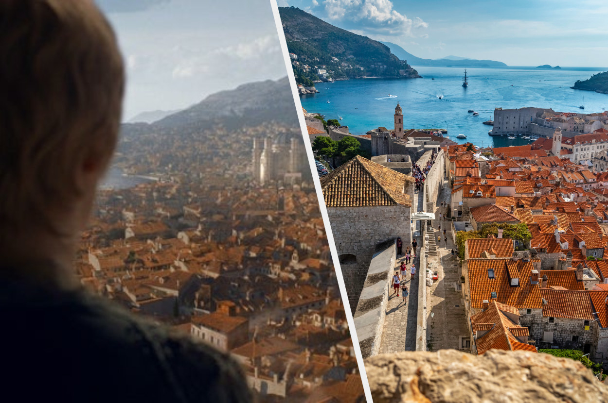 Lena Headley as Cersei looking down on Kings Landing in &quot;Game of Thrones&quot; next to an image of Dubrovnik