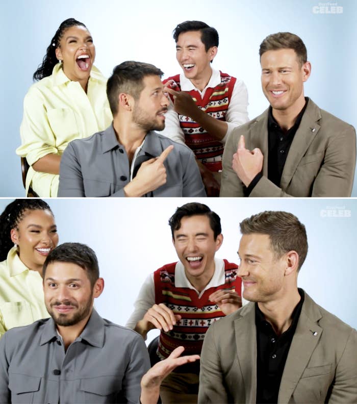 Emmy, David, Justin, and Tom laughing and pointing at each other